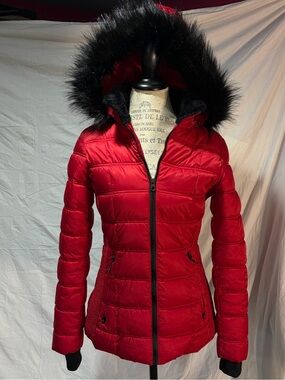 Nautica Women’s Red Quilted Hooded Puffer with Black Faux Fur Trim
